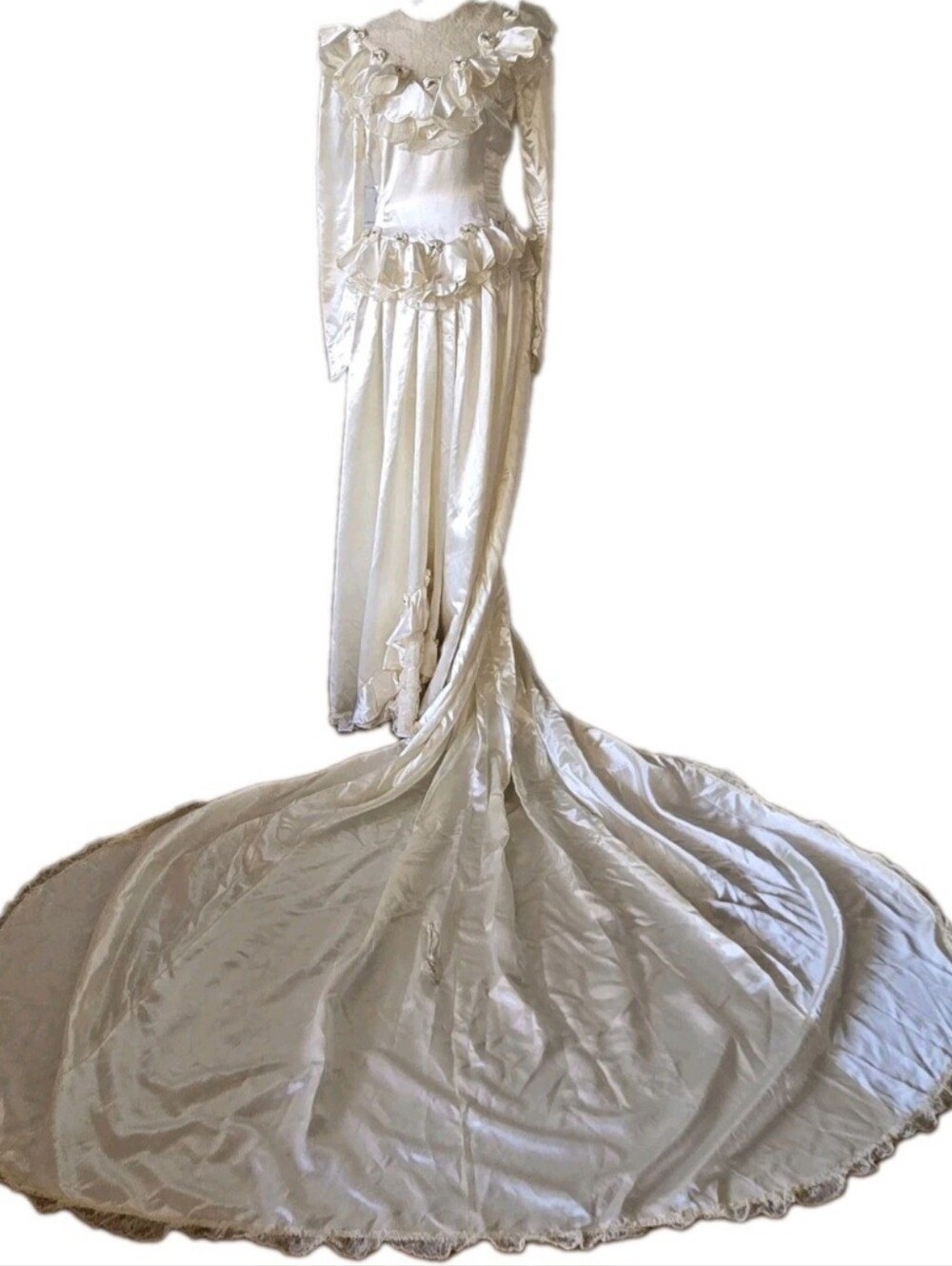 Vtg 80s Victorian Revival Ivory Satin Wedding Gown, Romantic, Lace, Ruffle